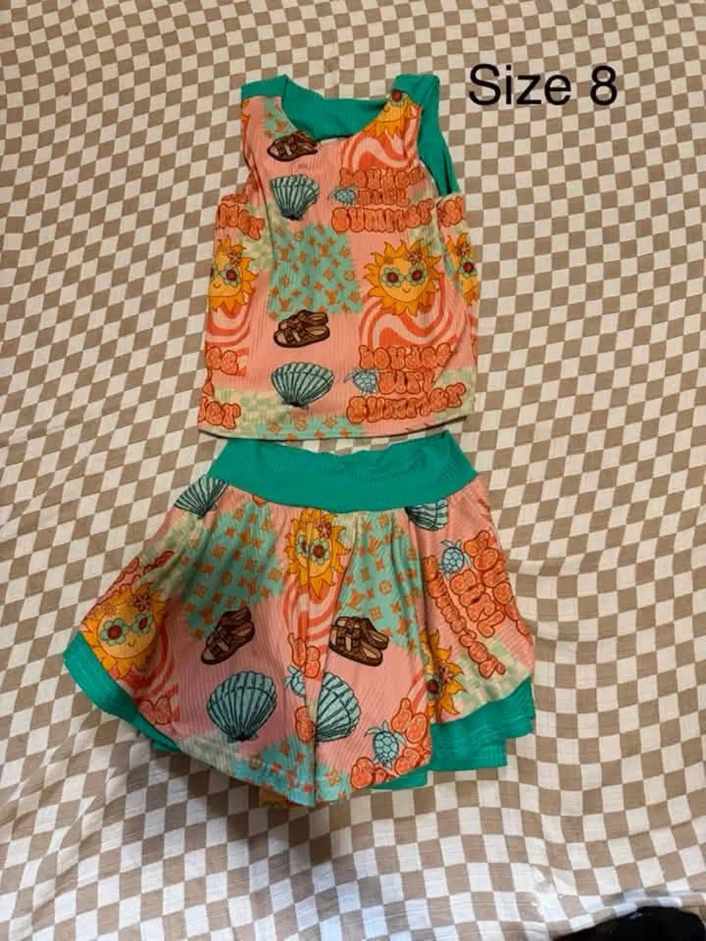 Girls' Peach & Teal Summer Tank Top and Skirt Set